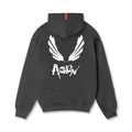 Flatlay Tech-Terry Zip Pocket Hoodie in space grey with white brush wings graphic, back view