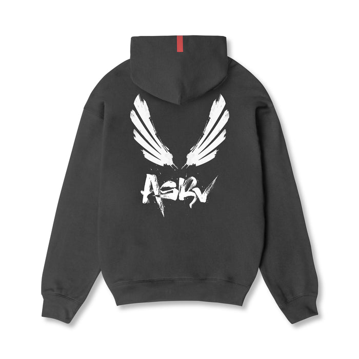 Flatlay Tech-Terry Zip Pocket Hoodie in space grey with white brush wings graphic, back view