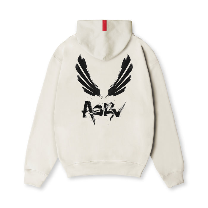 Flatlay ASRV Tech-Terry Zip Pocket Hoodie in stone with black brush wings logo, back view