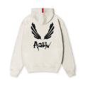 Flatlay ASRV Tech-Terry Zip Pocket Hoodie in stone with black brush wings logo, back view