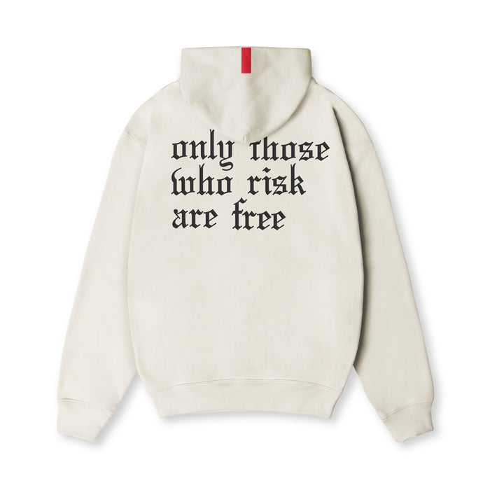 Flatlay Tech-Terry Zip Pocket Hoodie in stone with black graphic text, back view