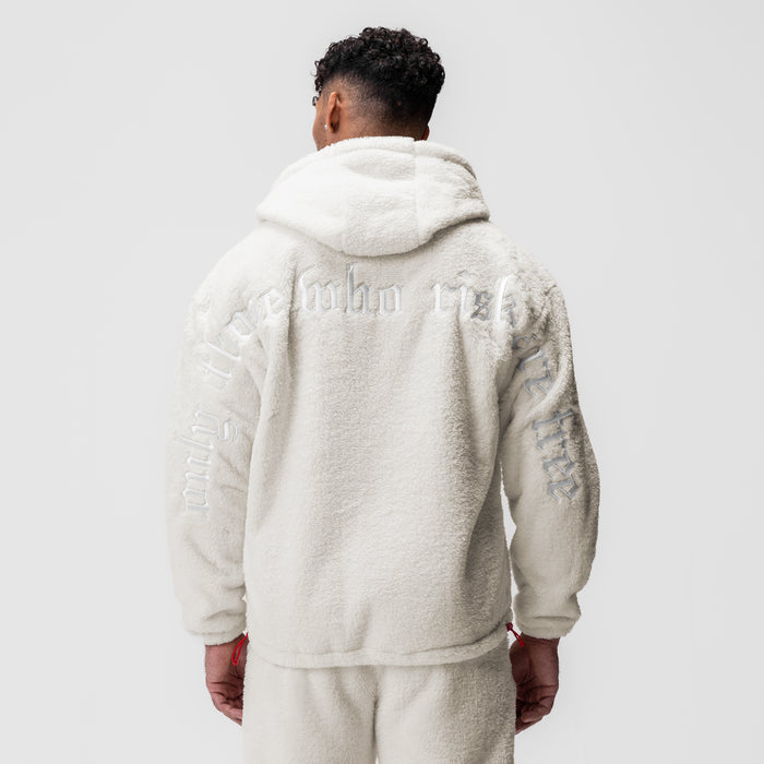 Sherpa Recovery Full Zip Hoodie in Ivory Cream, back view on model
