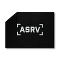 flatlay ASRV Sherpa Recovery Blanket in black with white logo, overhead view