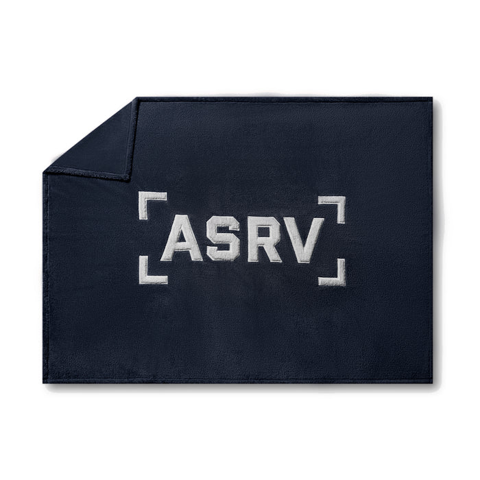 flatlay Sherpa Recovery Blanket in navy with white ASRV logo embroidery, top view