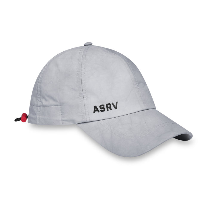 flatlay Weather-Ready Cinch Hat in grey with ASRV logo, three-quarter view