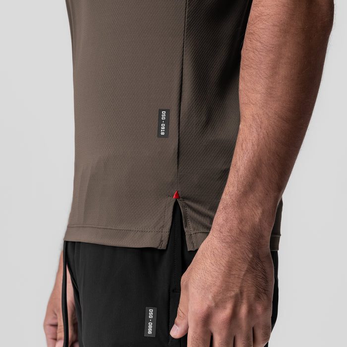AeroSilver Fitted Tee in Deep Taupe worn by model, side detail view