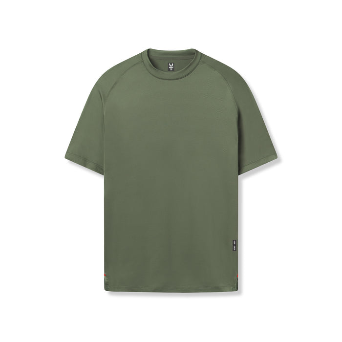 Flatlay of AeroSilver Fitted Tee in olive, front view on white background