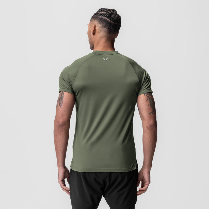 AeroSilver Fitted Tee in olive, back view on model
