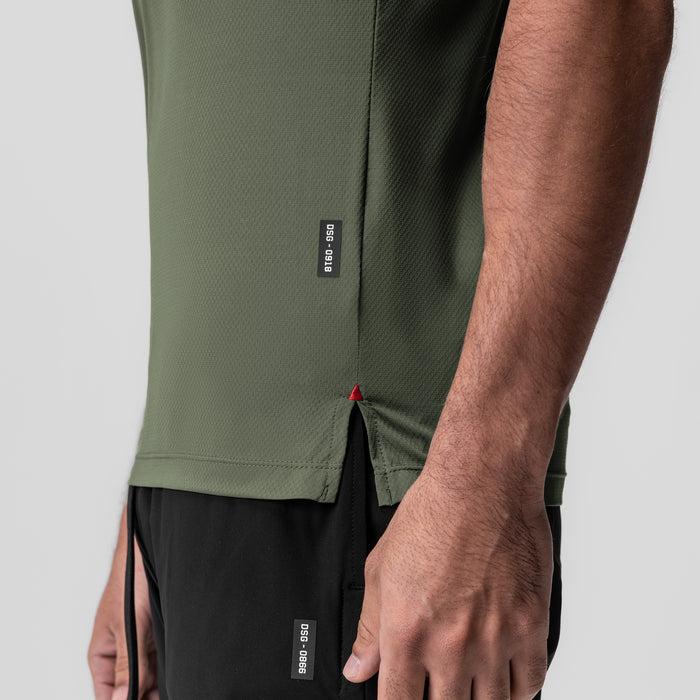 AeroSilver Fitted Tee in olive worn by model, side detail view