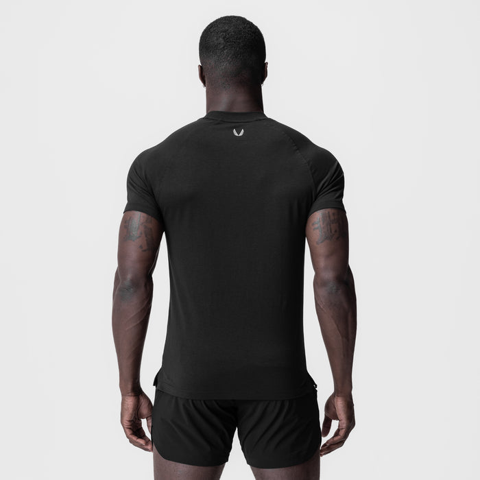 Black Supima® Fitted Tee worn by model, back view