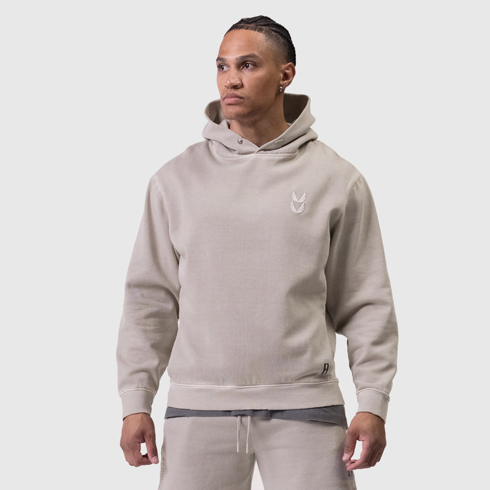 Tech Essential Distressed Hoodie in Faded Chai worn by model, front view