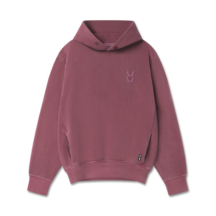 flatlay Tech Essential Distressed Hoodie in faded crimson, front view