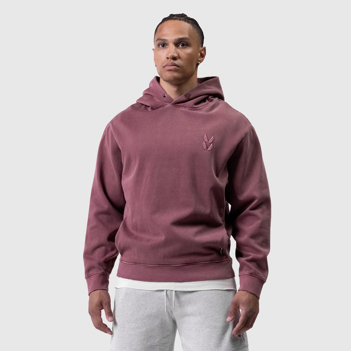 Tech Essential Distressed Hoodie in faded crimson worn by male model, front view