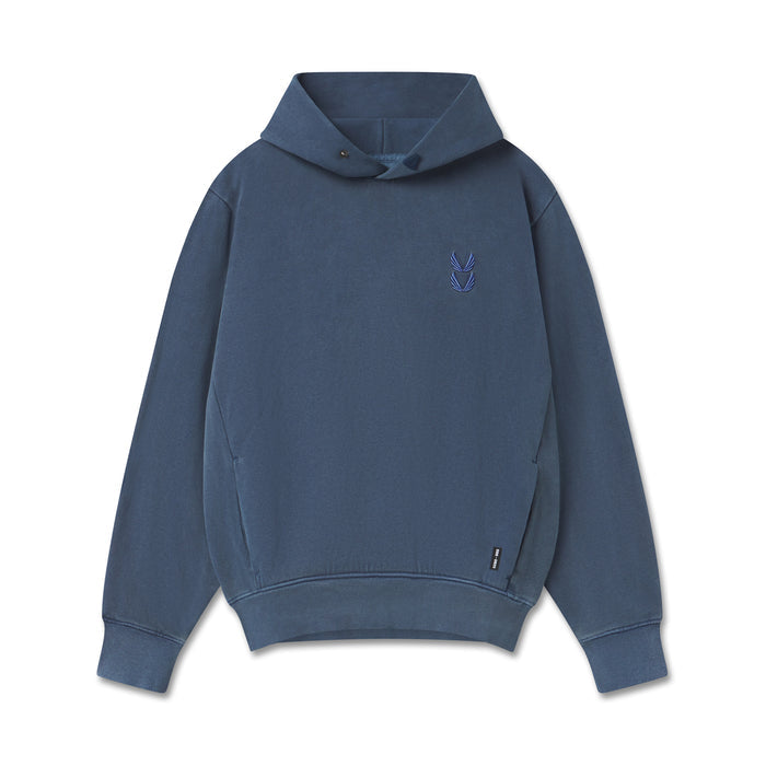 flatlay Tech Essential Distressed Hoodie in faded navy, front view