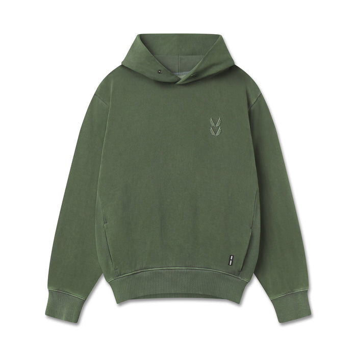 flatlay Tech Essential Distressed Hoodie in faded olive, front view