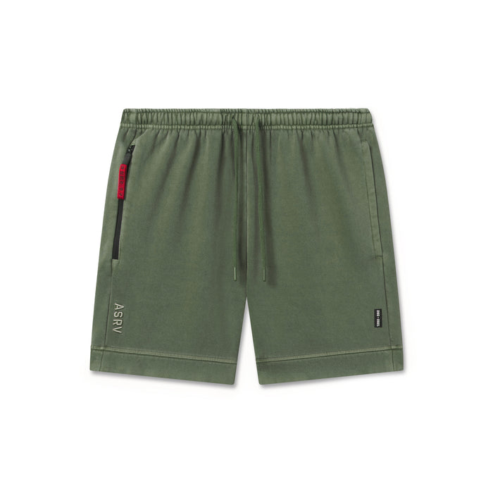 flatlay Tech Essential Sweat Short in faded olive, front view