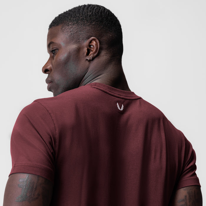 Supima Essential Tee in crimson worn by model, back view