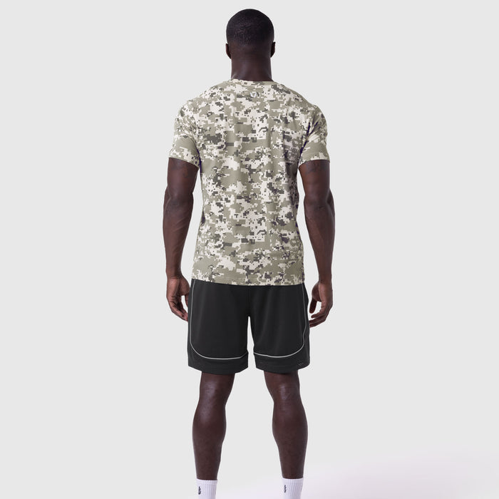 Supima Essential Tee in digital camo worn by model from back, paired with black shorts