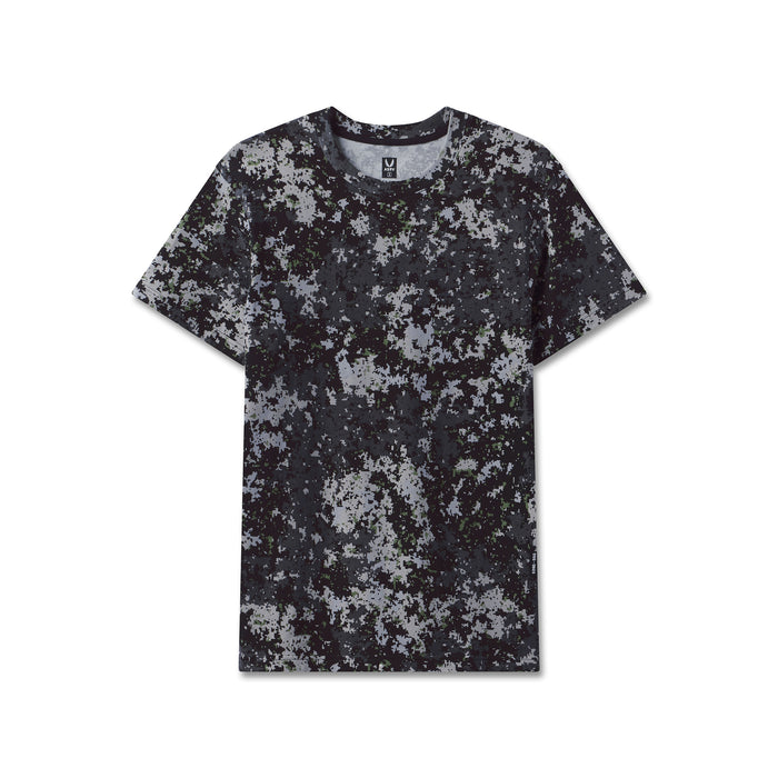 flatlay Supima Essential Tee in black with gray pixel camo print, front view