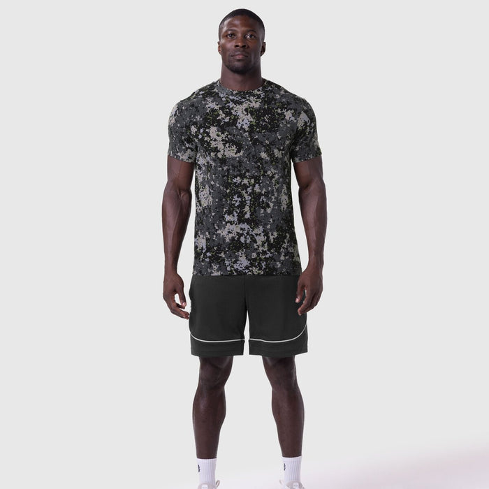 Supima Essential Tee in pixel camo worn with black shorts, front view on model