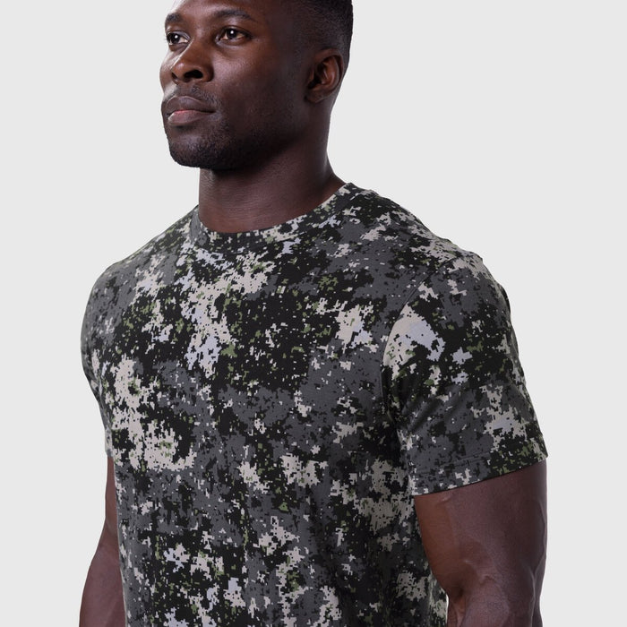 Supima Essential Tee in pixel camo worn by model, front three-quarter view