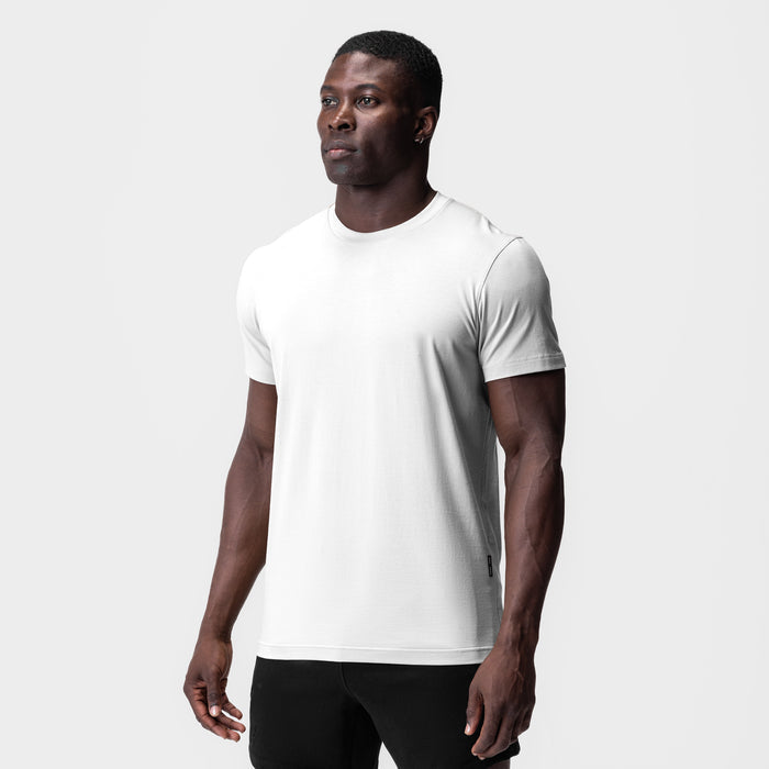 White Supima Essential Tee worn by model, front view
