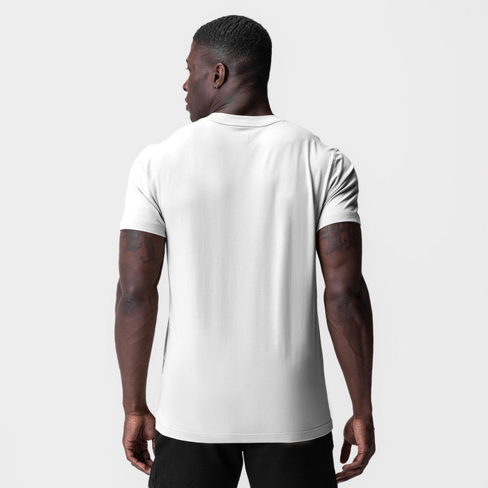 White Supima Essential Tee worn by model, back view