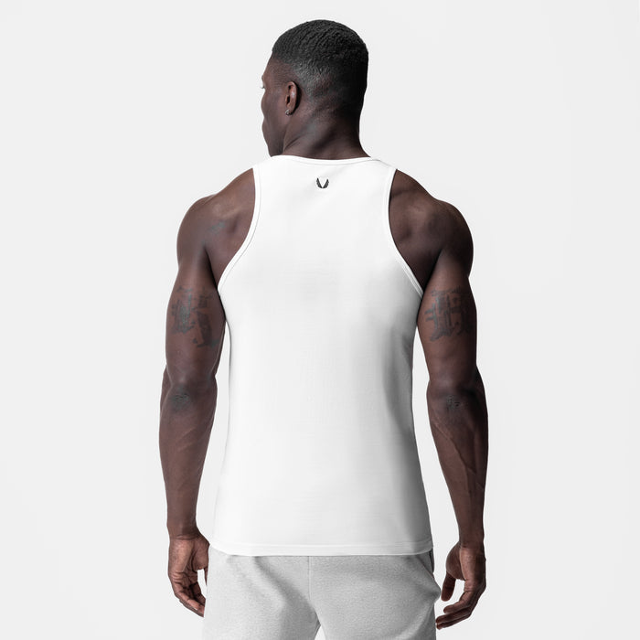 White Supima® Essential Slim Tank worn by model, back view