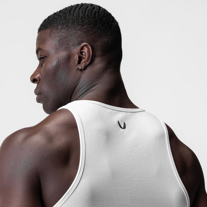 White Supima Essential Slim Tank worn by model, back view