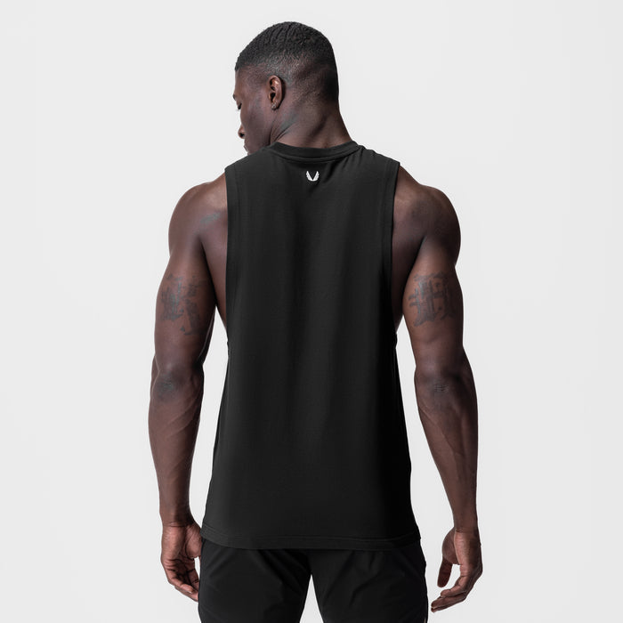 Black Supima® Muscle Tank worn by model, back view