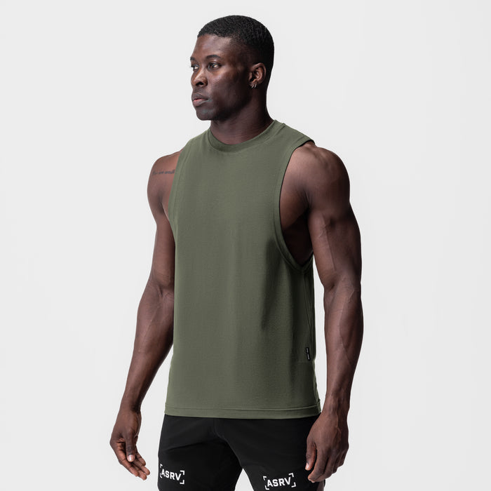Supima® Muscle Tank in olive green, worn by model, side profile view