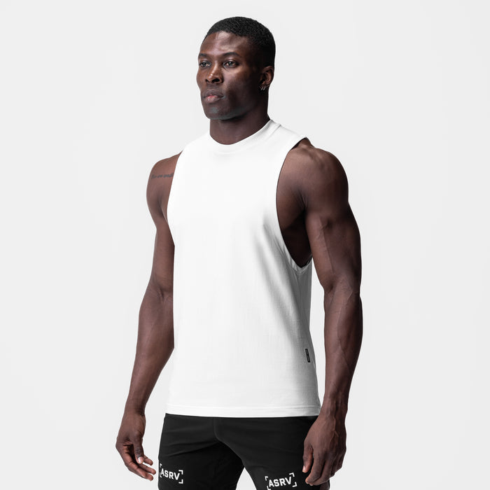 White Supima® Muscle Tank worn by male model, front view