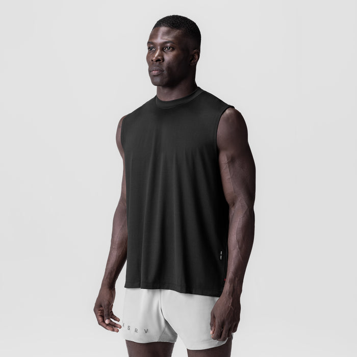 Black 3D-Lite® 2.0 Lycra® Relaxed Cutoff tank top worn by male model, front view