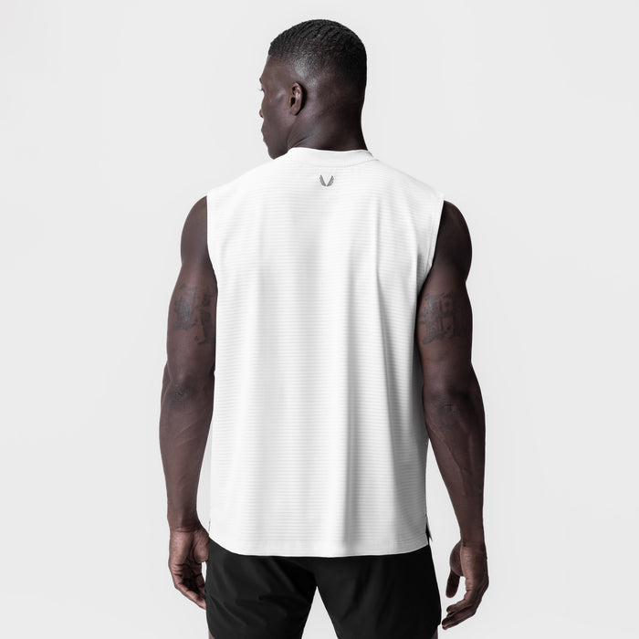 White 3D-Lite® 2.0 Lycra® Relaxed Cutoff tank top worn by model, back view