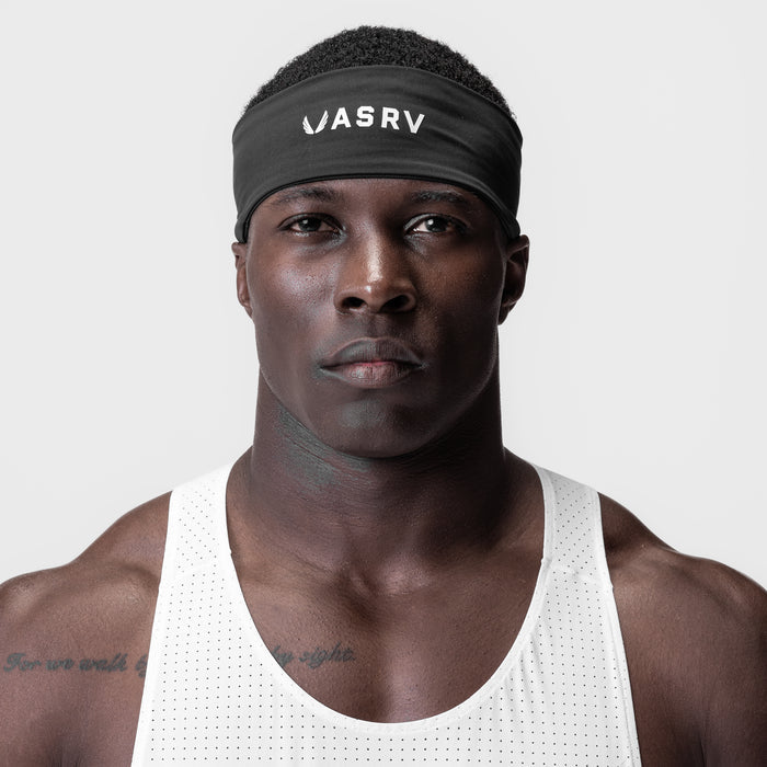 WarpFlexx Headband in black worn by male model with white tank top, front view
