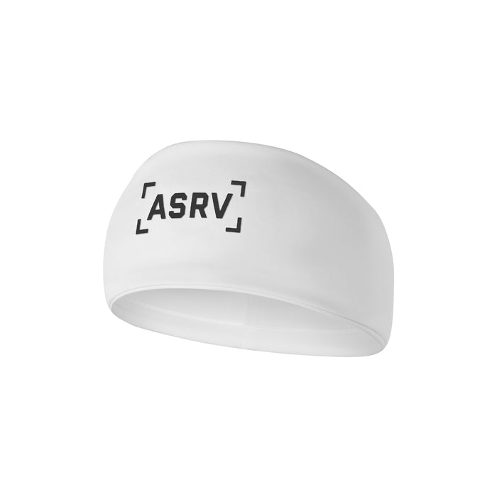 flatlay WarpFlexx Headband in white with bracket logo, front view