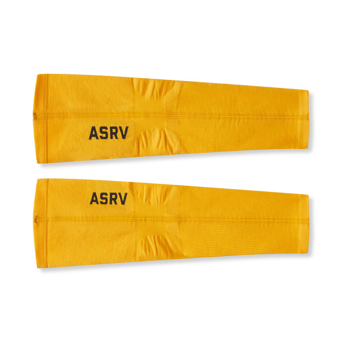 flatlay of two ASRV body-mapped arm sleeves in amber yellow, front view