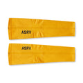 flatlay of two ASRV body-mapped arm sleeves in amber yellow, front view