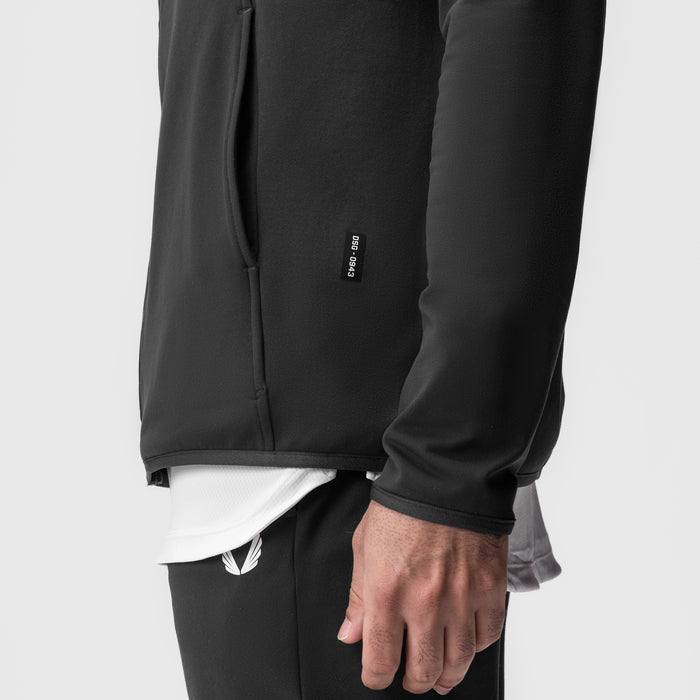 Performance Fleece Zip Hoodie in Space Grey worn by model, sleeve and cuff detail view