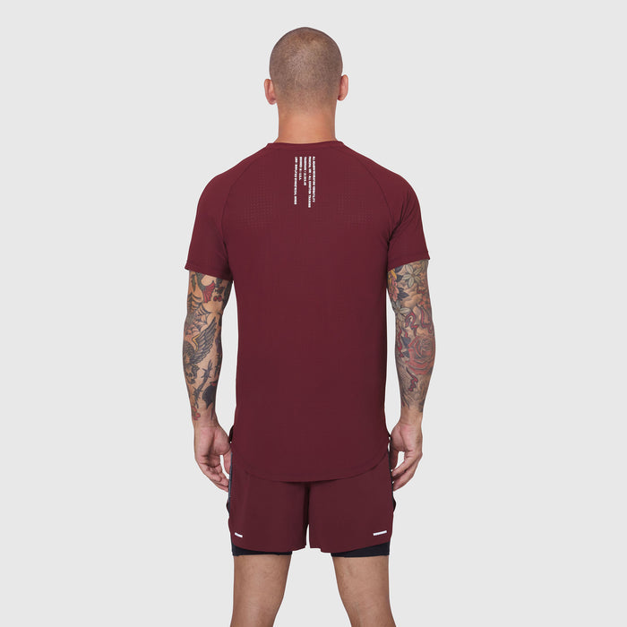 Laser-Vent Established Tee in Crimson worn by male model, back view