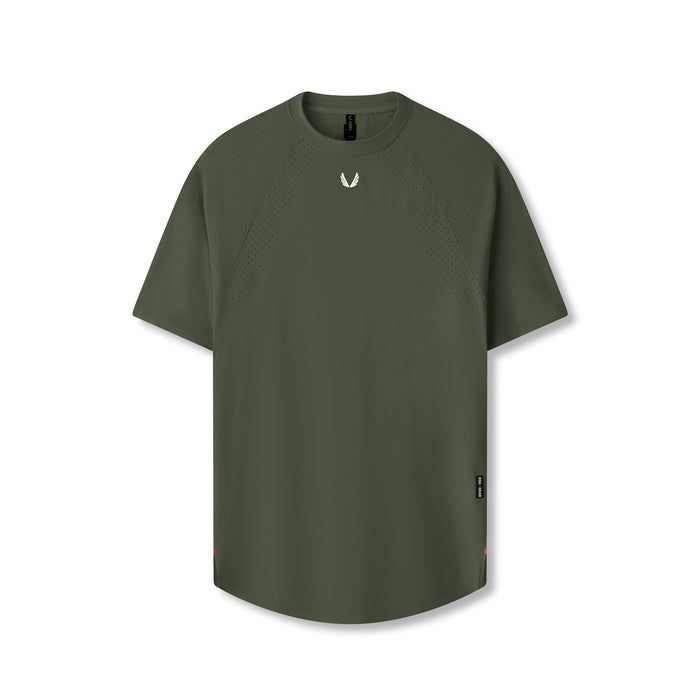flatlay Laser-Vent Established Tee in olive green, front view on invisible model