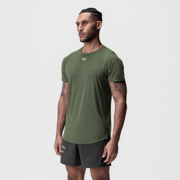 Laser-Vent Established Tee in olive green, worn by model, front side view