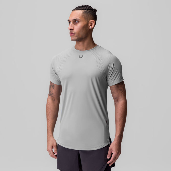 Laser-Vent Established Tee in slate grey, worn by model, front view