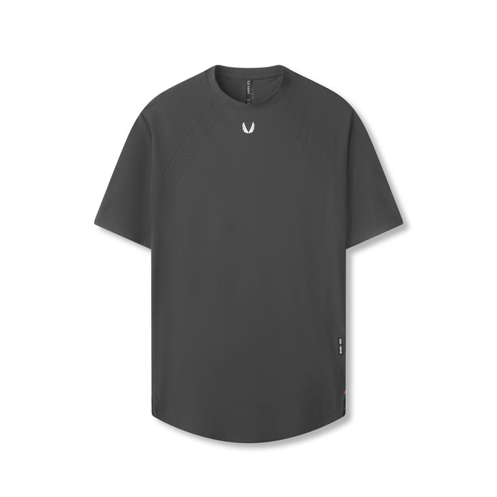 flatlay Laser-Vent™ Established Tee in Space Grey, front view on model