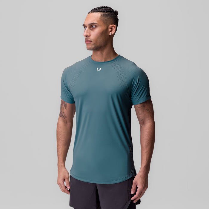 Laser-Vent Established Tee in storm blue, worn by model, front view