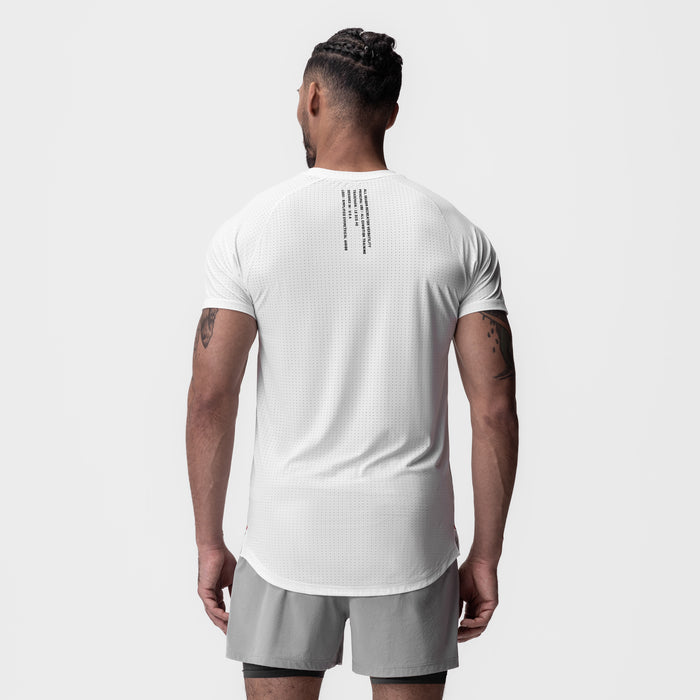 White Laser-Vent Established Tee worn by model, back view