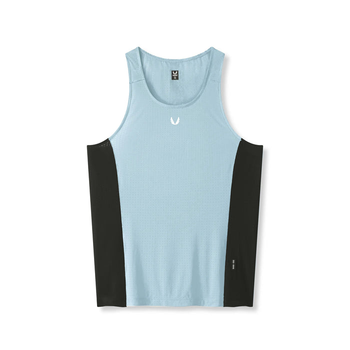 flatlay Laser-Vent Singlet Tank in light sky blue and black, front view