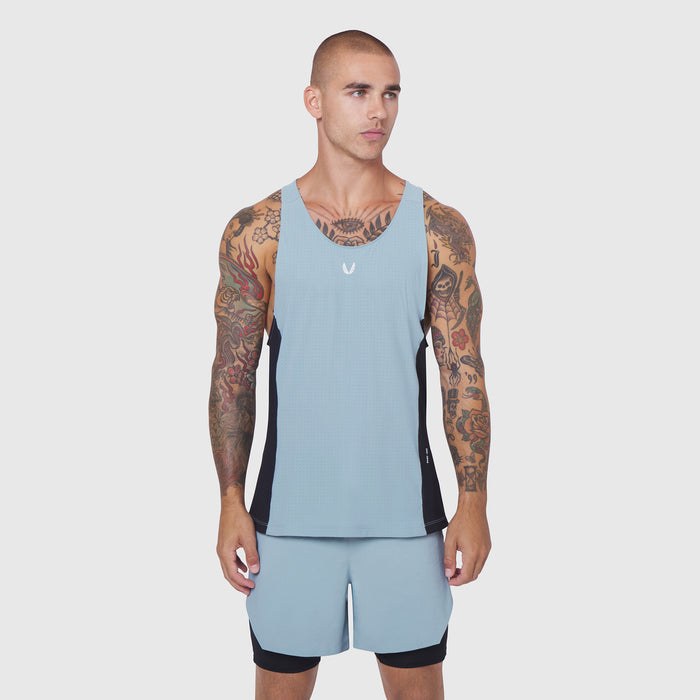 Laser-Vent™ Singlet Tank in light sky and black, worn by male model, front view
