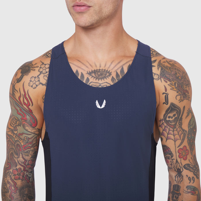 Laser-Vent™ Singlet Tank in Navy/Black worn by male model, front view