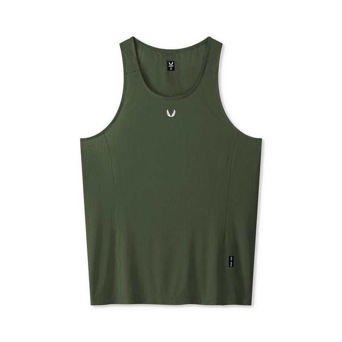 flatlay Laser-Vent Singlet Tank in olive, front view
